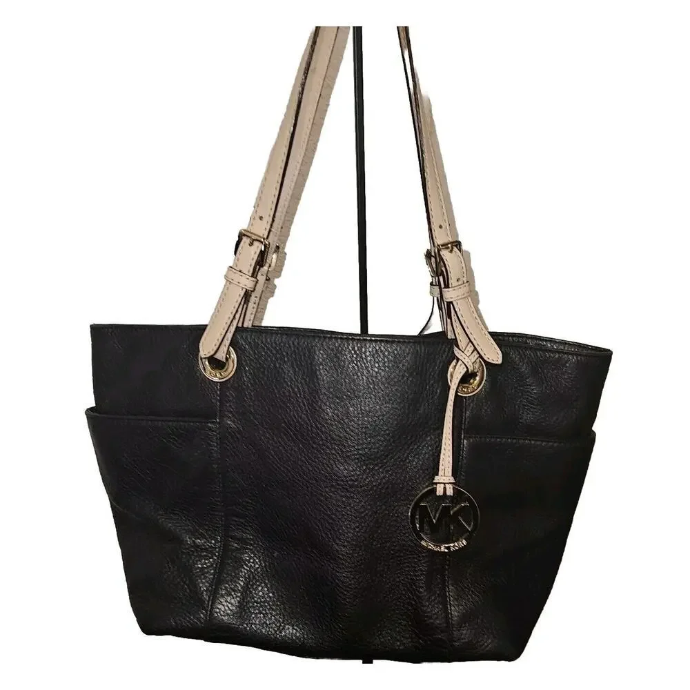 Michael Kors MK Handbag Jet Set Black Pebbled Leather Tote Bag Purse